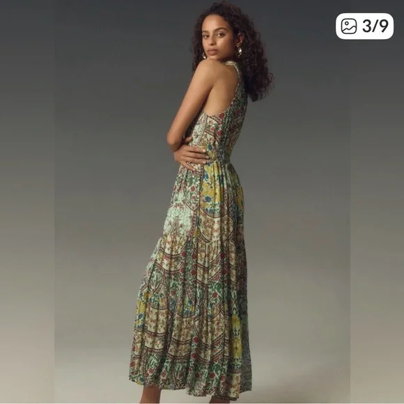 2xHP!! NWT Anthropologie Somerset Maxi Halter Edition Green Floral Motif Large - Picture 2 of 7